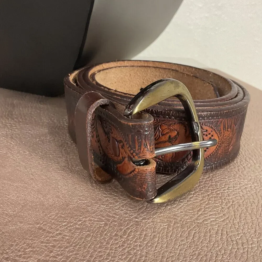 Vintage Brown Leather Western Style Fish Themed Belt 44 inch with Buckle